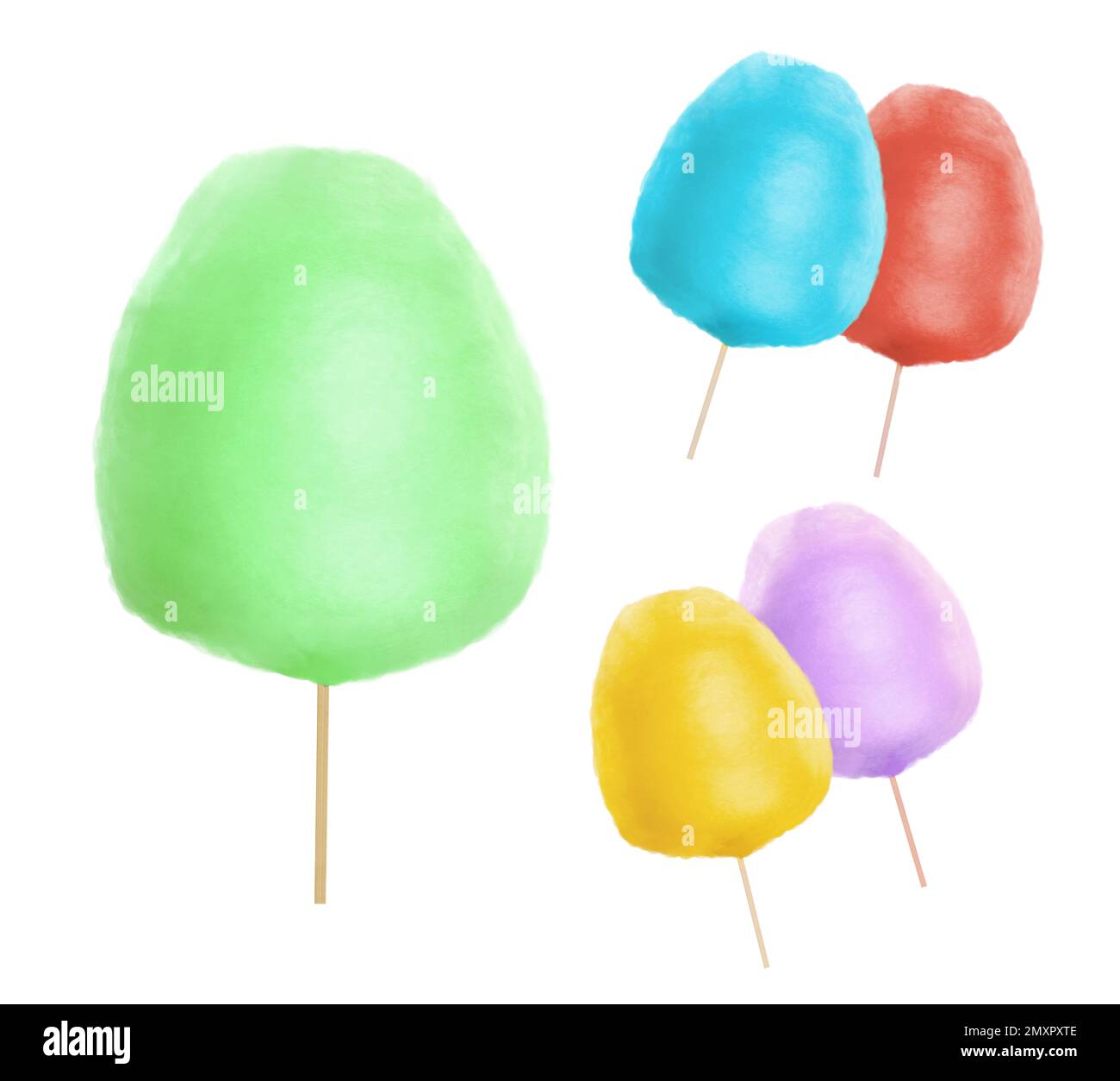 Collage with sweet cotton candy on white background Stock Photo