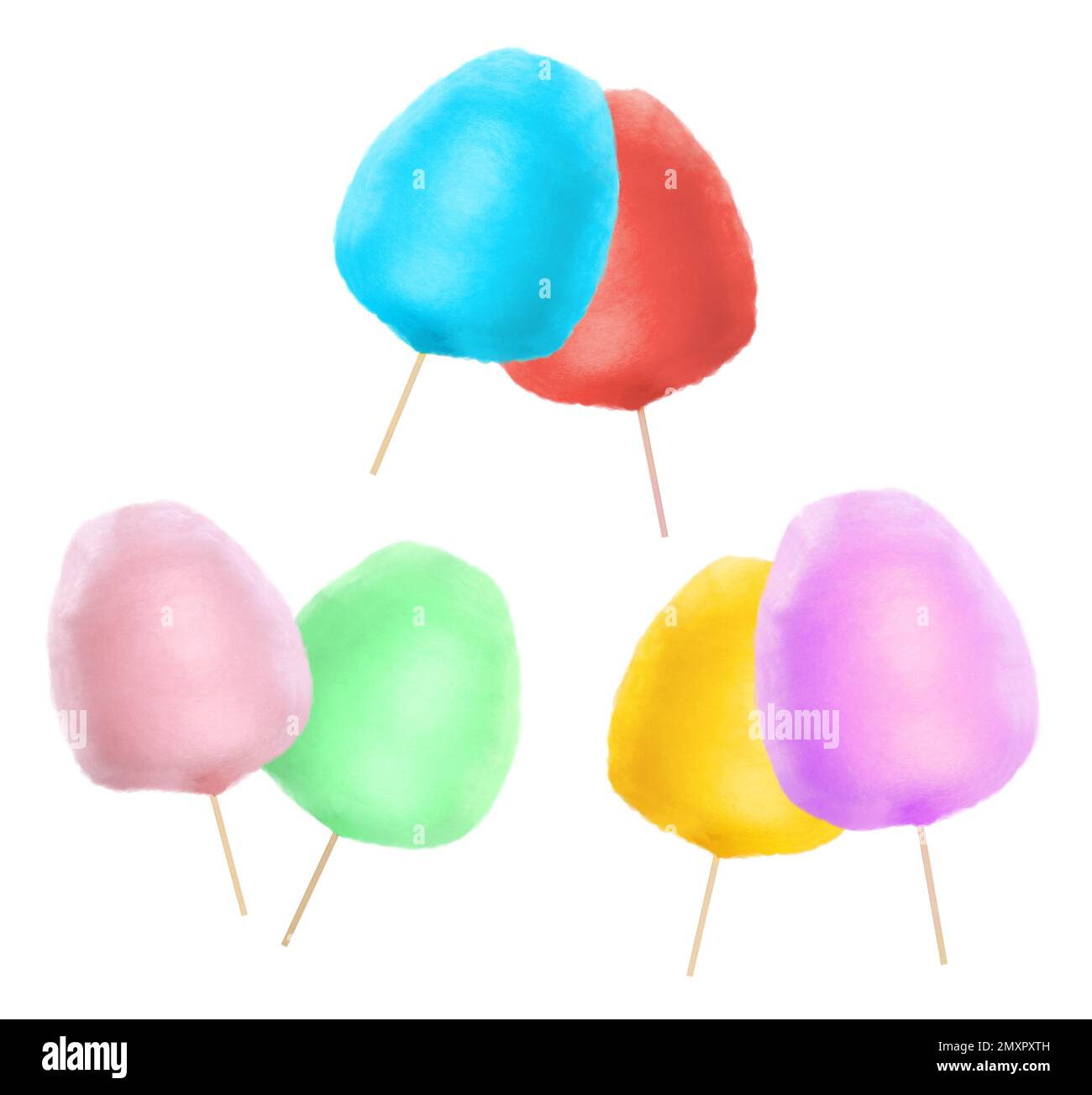 Collage with sweet cotton candy on white background Stock Photo