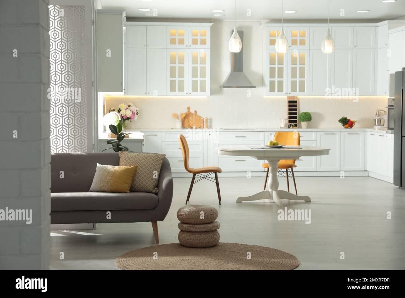 Image showcasing Stylish apartment interior with modern kitchen. Idea for design Stock ...