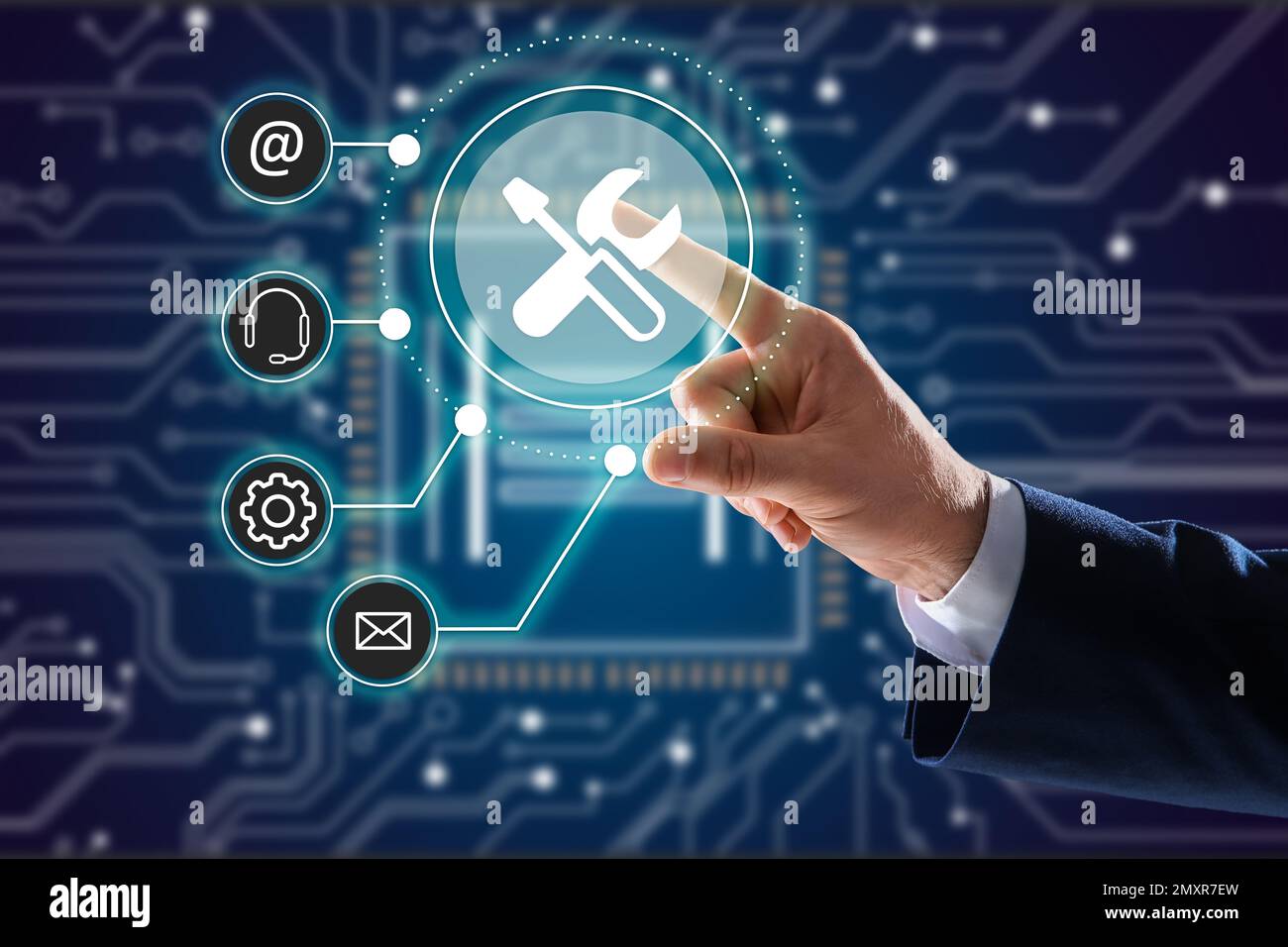 Businessman touching icon on virtual screen, closeup. Technical support Stock Photo