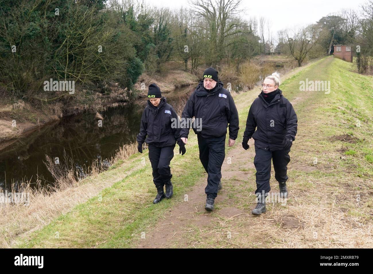 Police officers in St Michael's on Wyre, Lancashire, as police continue their search for missing woman Nicola Bulley, 45, who was last seen on the morning of Friday January 27, when she was spotted walking her dog on a footpath by the nearby River Wyre. Picture date: Saturday February 4, 2023. Stock Photo