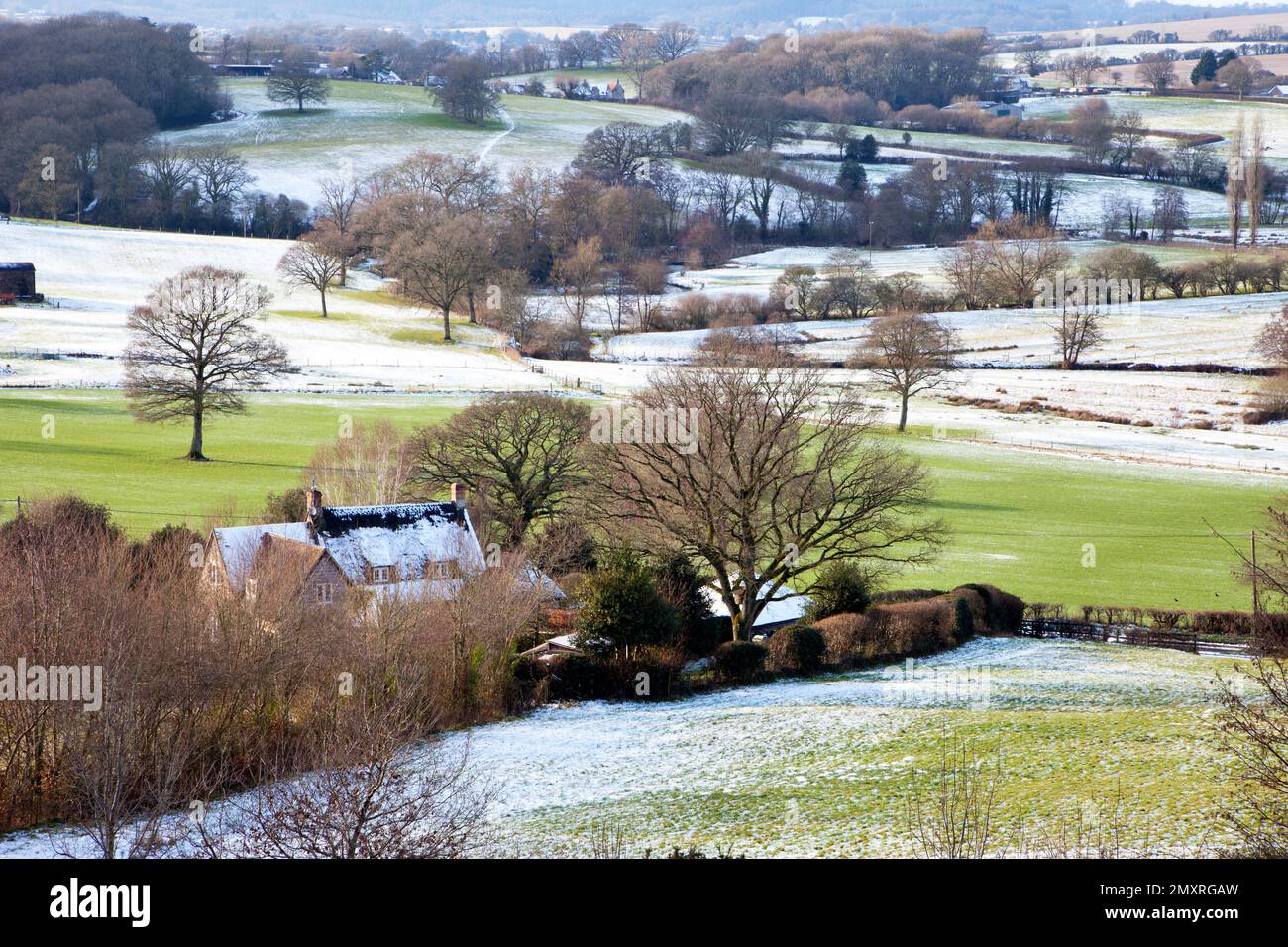 A winter view of the landscape near the village of Sutton Mandeville in Wiltshire. Stock Photo