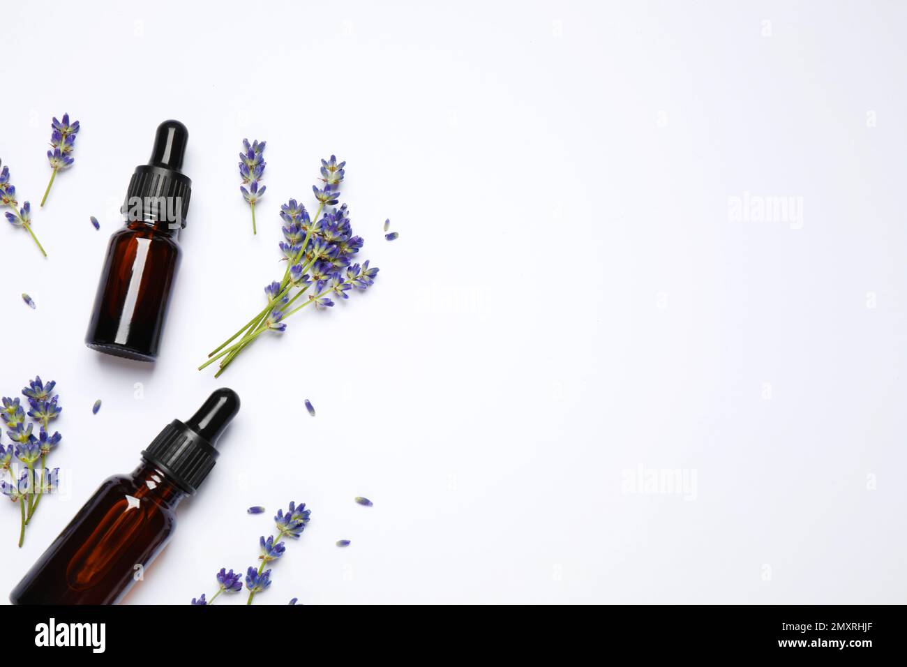 Composition with lavender flowers and natural essential oil on white ...