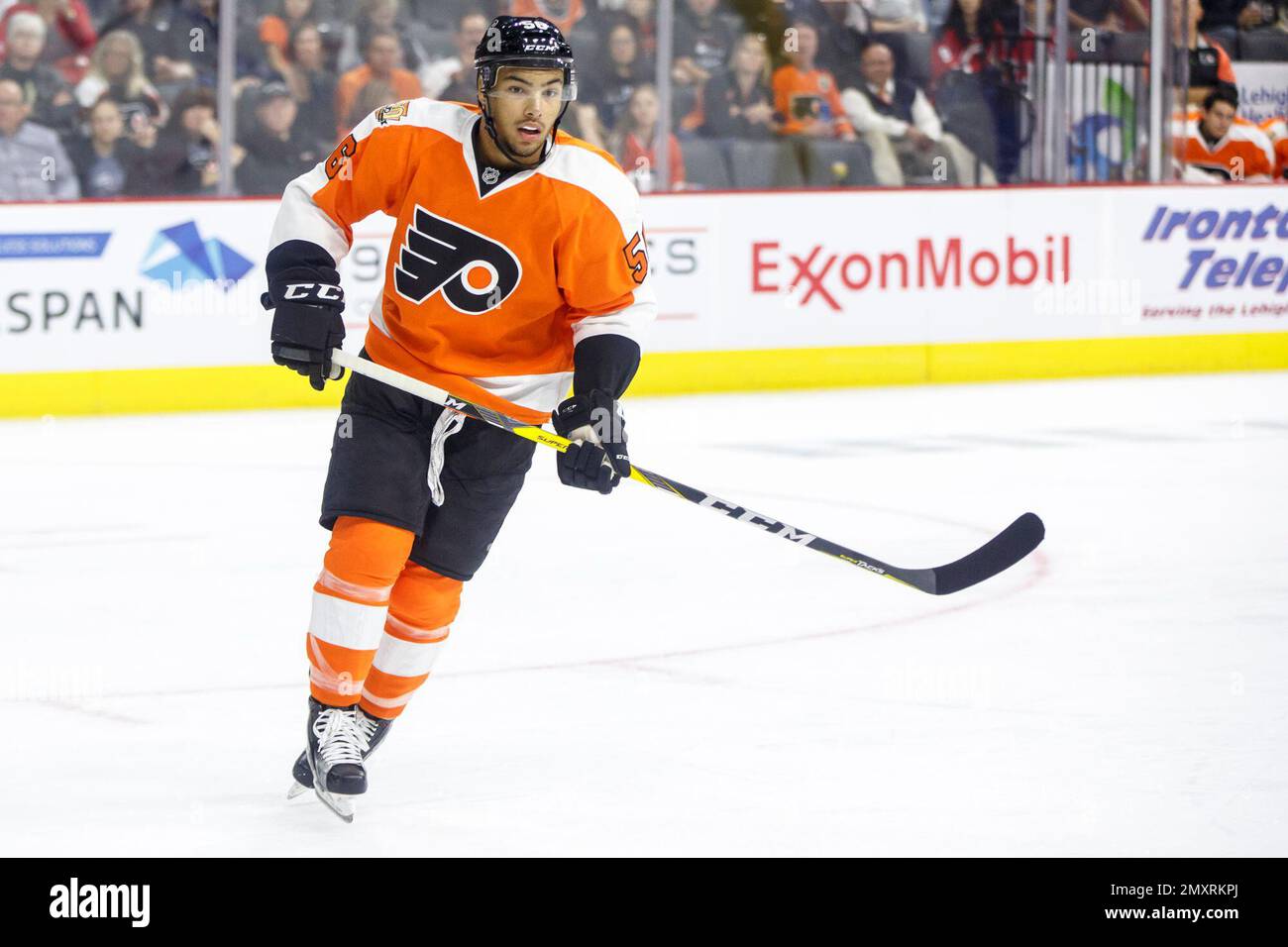 Philadelphia Flyers Tyrell Goulbourne looks on during the first period of a preseason NHL hockey game against the New Jersey Devils Wednesday Sept. 28 2016 in Allentown Pa. The Flyers won 2 0