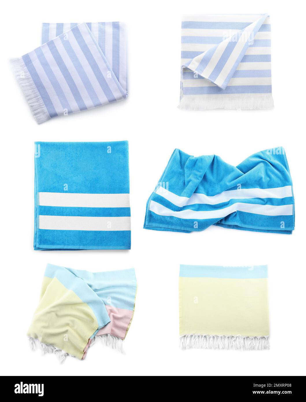 Set of beach towels on white background, top view Stock Photo