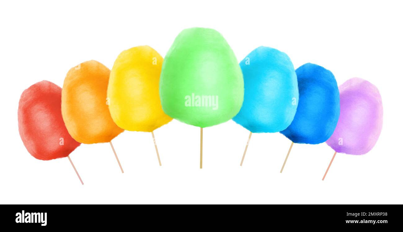 Collage with sweet cotton candy on white background. Banner design