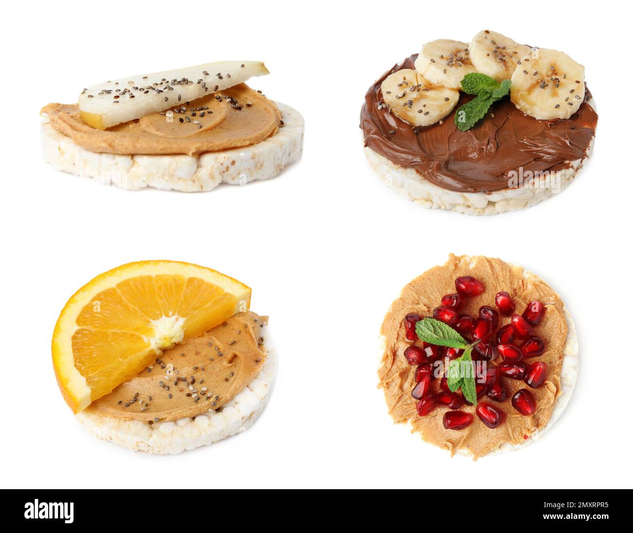 Set of puffed corn cakes with different toppings on white background Stock Photo Alamy