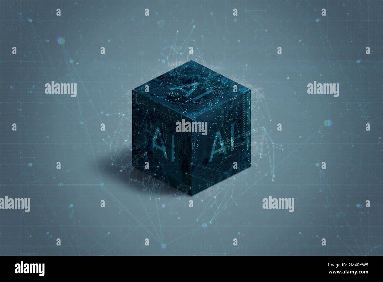 Abstract, futuristic electronic cube, representing the concept of artificial intelligence. The cube's sleek, metallic surface and glowing lights sugge Stock Photo