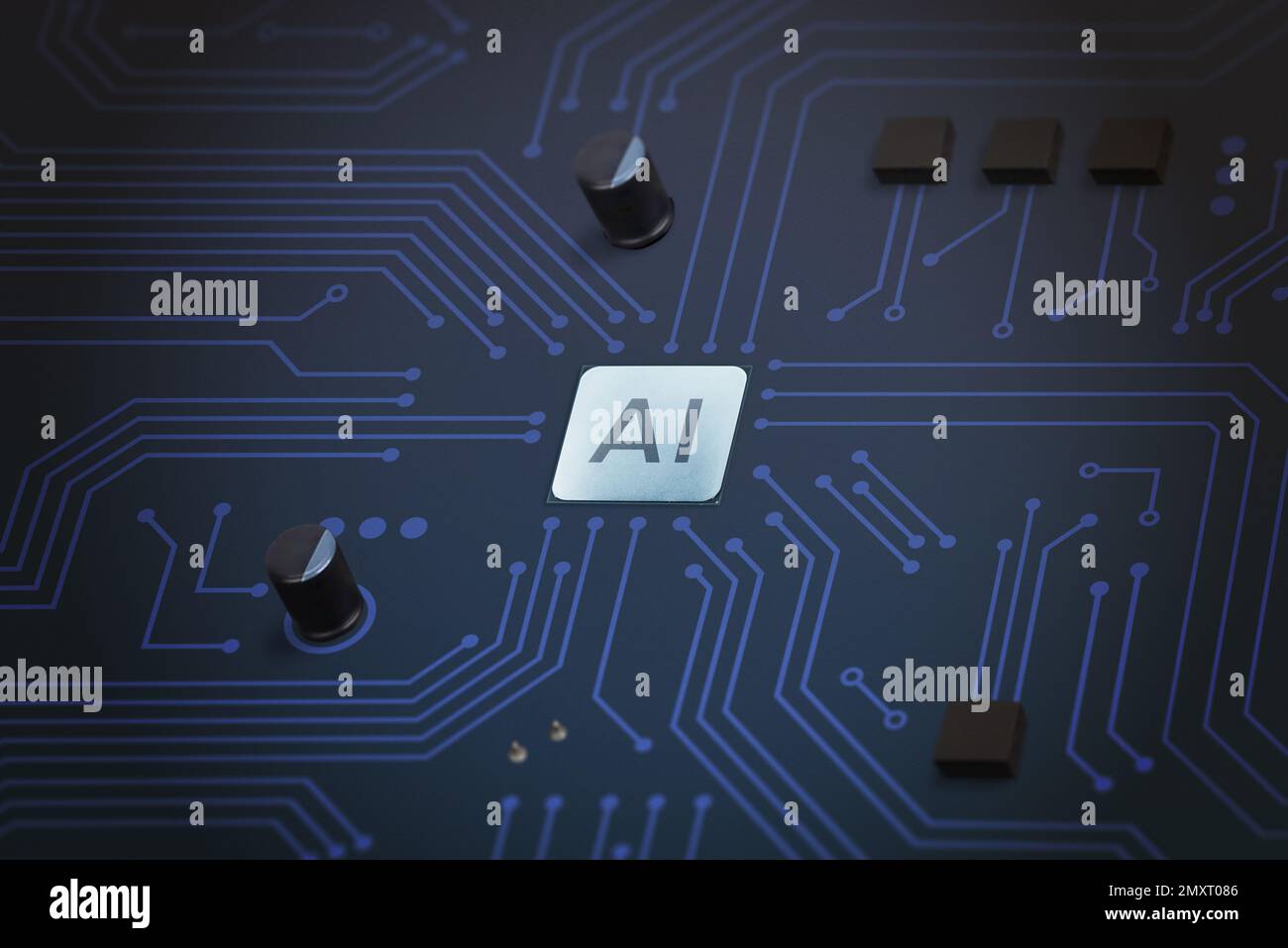 Advanced AI chip integrated onto a complex electronic board, representing the integration of AI technology into modern electronics. The intricate wiri Stock Photo