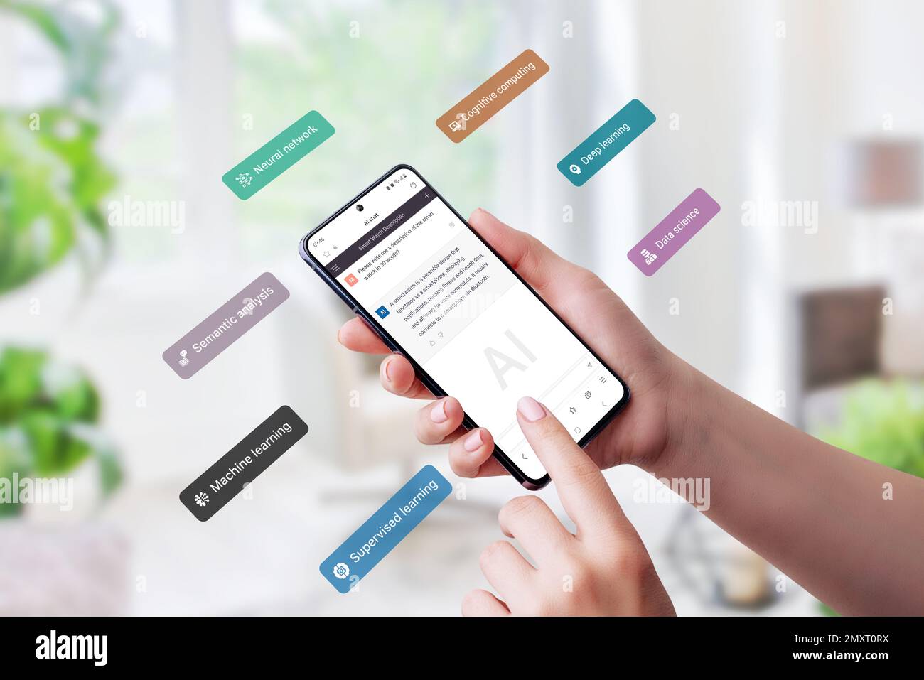Smart phone using a chatbot app and  flying concept boxes representing semantic analysis, deep learning, and neural networks. Showcases the integratio Stock Photo