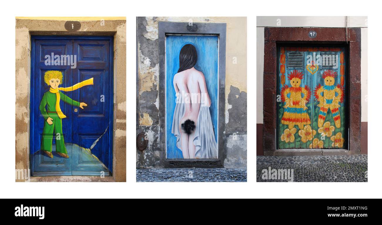 The painted doors of Rua de Santa Maria brighten up one of Funchal's oldest streets. Over 200 doors can be found, each painted with a different design Stock Photo
