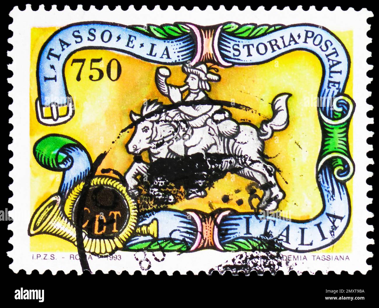 MOSCOW, RUSSIA - FEBRUARY 2, 2023: Postage stamp printed in Italy shows 17th Century Messenger, The Taxis Family serie, circa 1993 Stock Photo