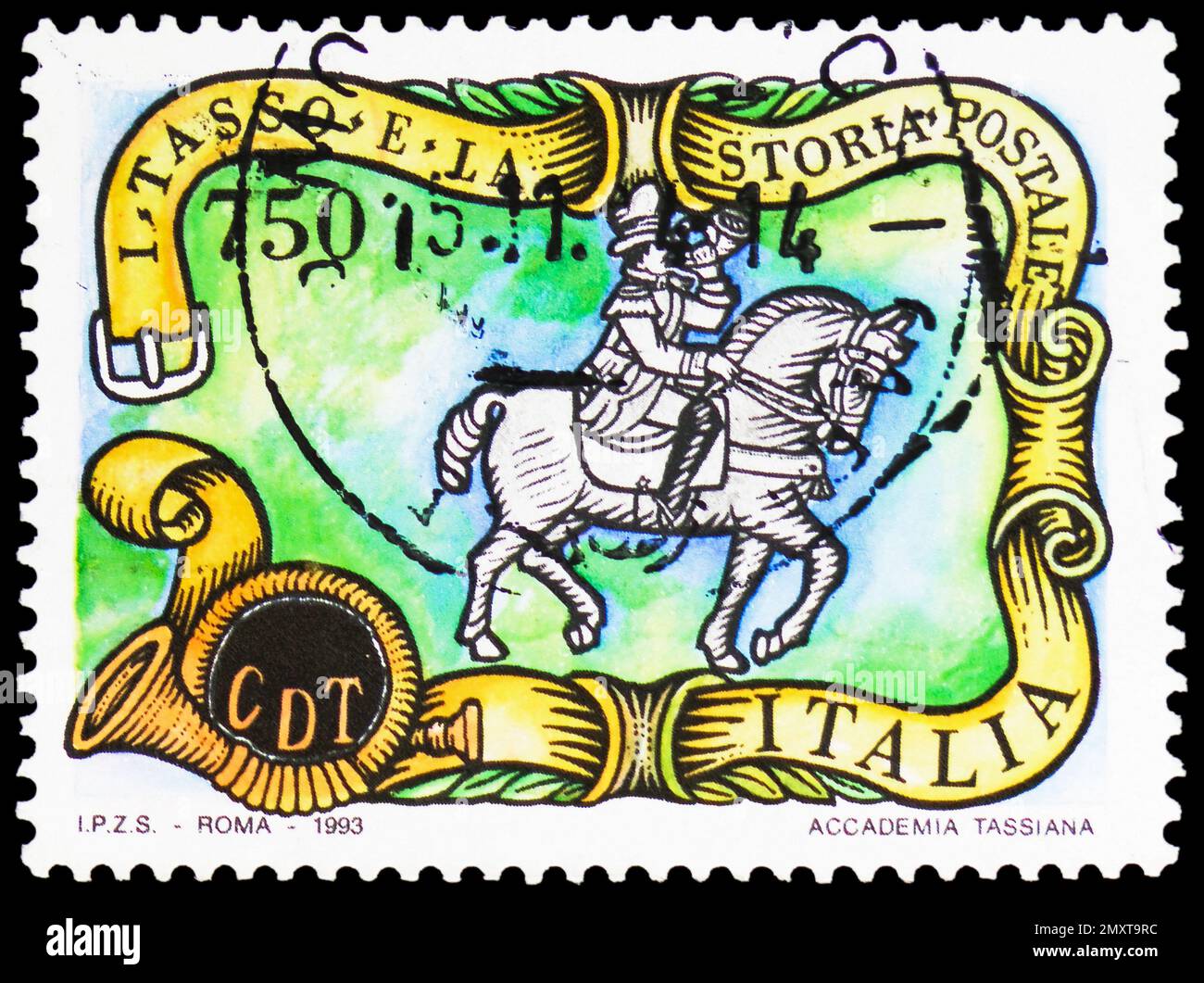 MOSCOW, RUSSIA - FEBRUARY 2, 2023: Postage stamp printed in Italy shows 18th Century Messenger, The Taxis Family serie, circa 1993 Stock Photo