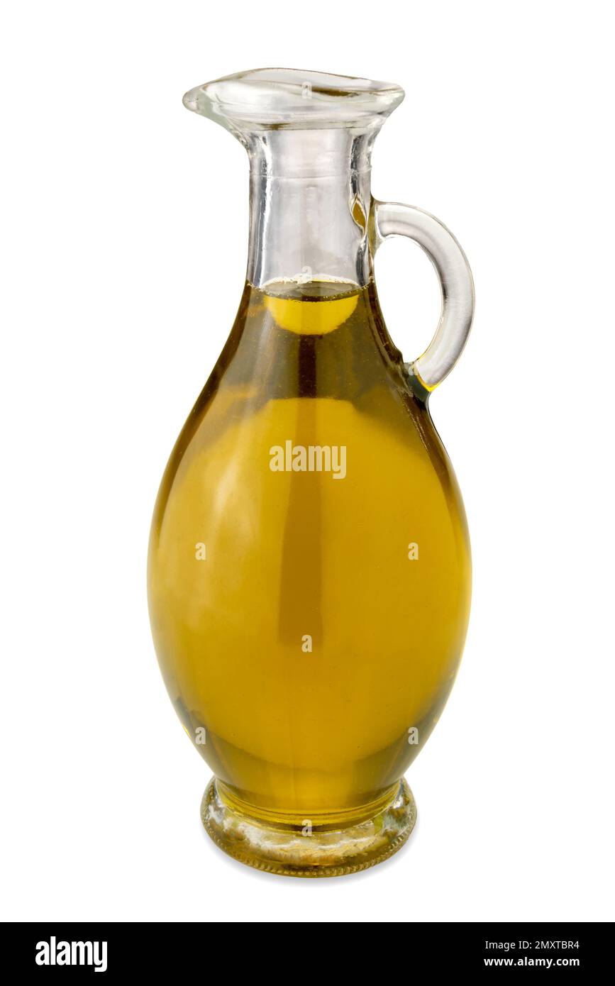 Extra virgin olive oil in Egyptianstyle glass cruet, isolated on white