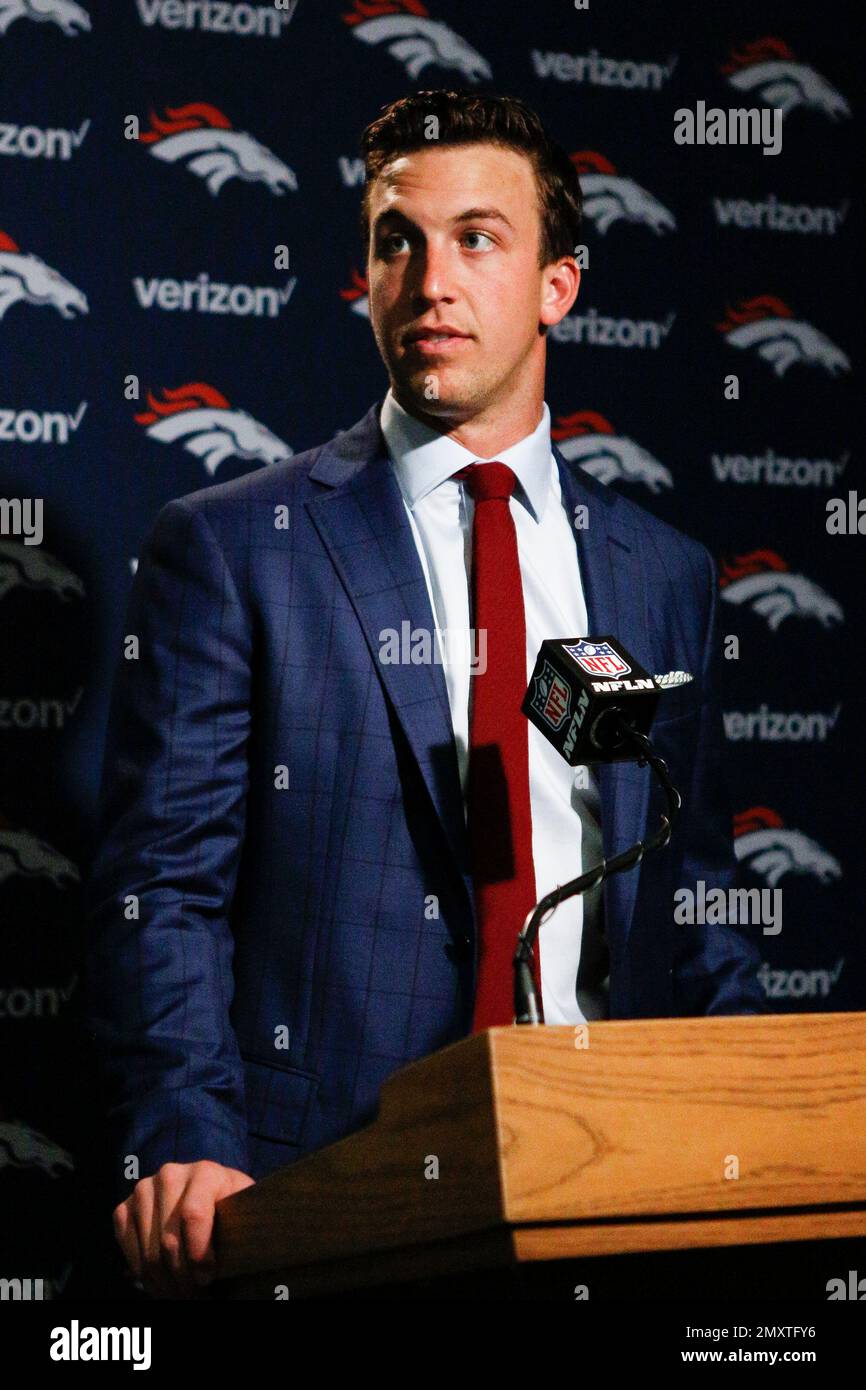 Denver Broncos quarterback Trevor Siemian speaks to the media during a