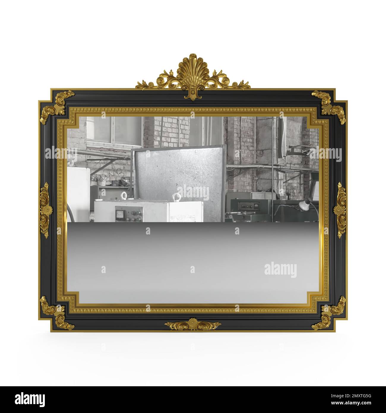 A 3D rendering of a mirror on the wall with baroque black and gold frame and gray reflection Stock Photo