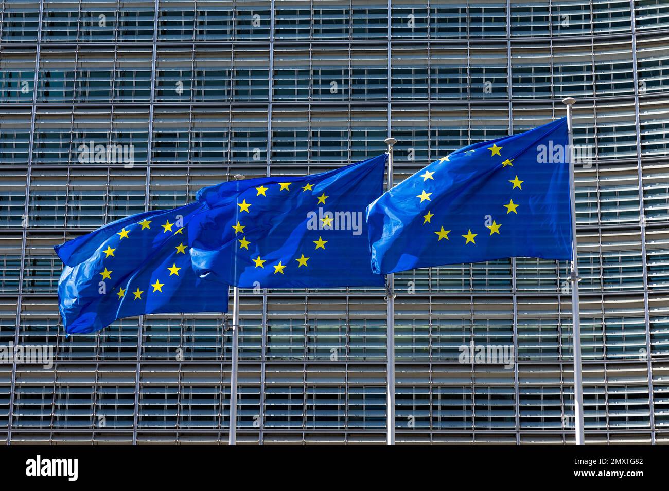 European flags in front of the Berlaymont building , headquarters of the European Commission Stock Photo