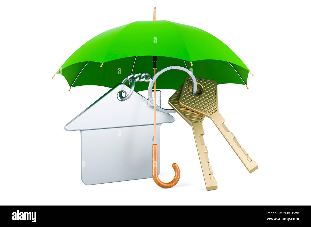 Home key under keychain under umbrella, 3D rendering isolated on white ...