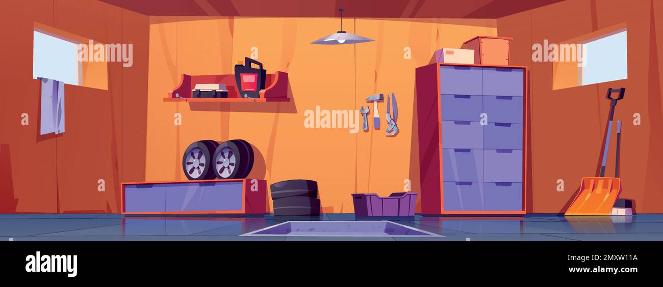 Garage or workshop interior with repair tools and car tyres. Empty garage, shed or storage room with cabinet, snow shovel, broom and toolbox on shelf, Stock Vector