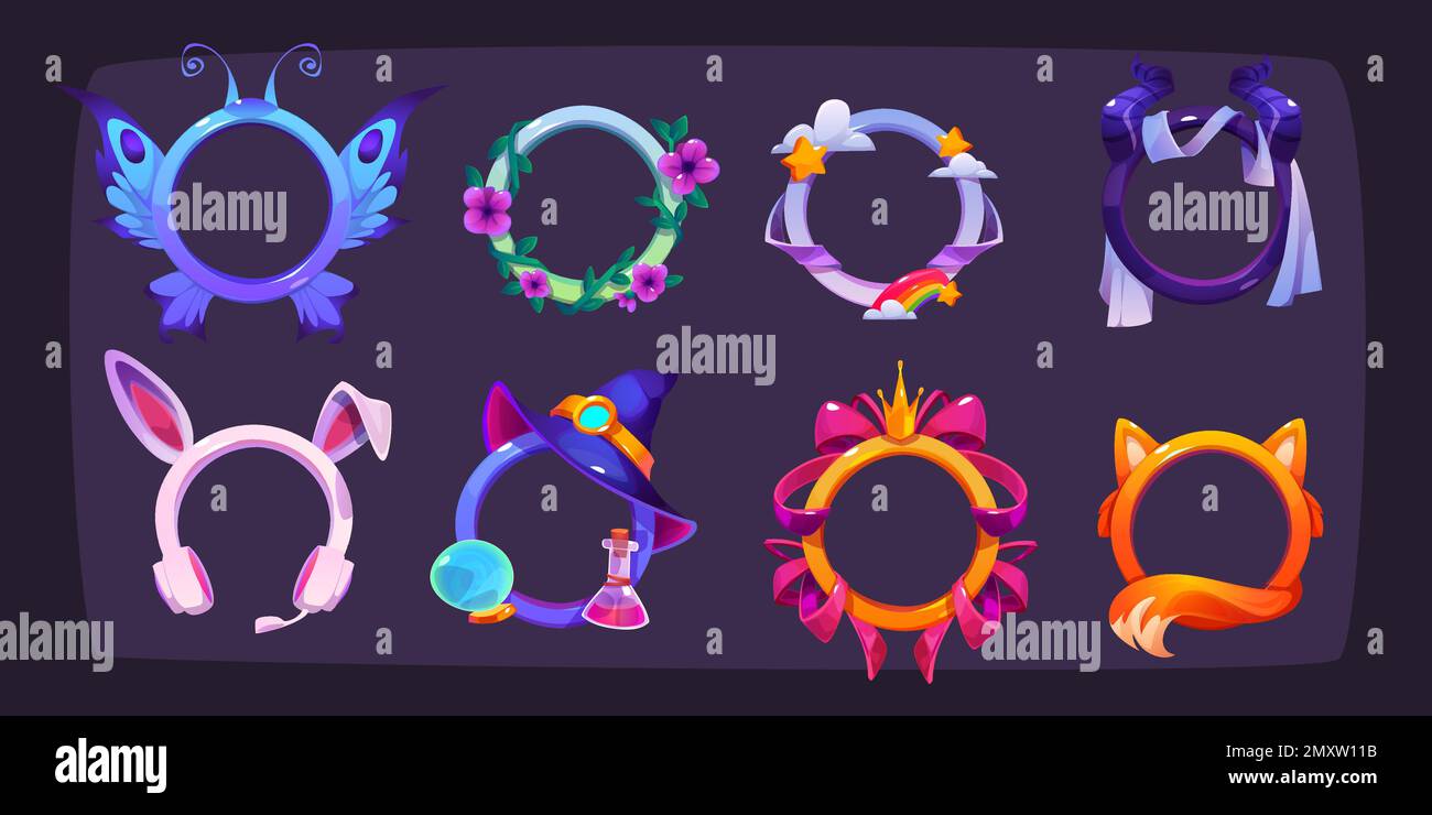 Game avatar frames with fantasy borders with animal ears, tails and