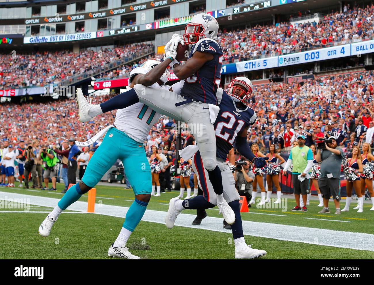 New England Patriots free safety Duron Harmon intercepts a pass during a  NFL football game against the Miami Dolphins at Gillette Stadium in  Foxborough, Mass. Sunday, Sept. 18, 2016. (Winslow Townson/AP Images