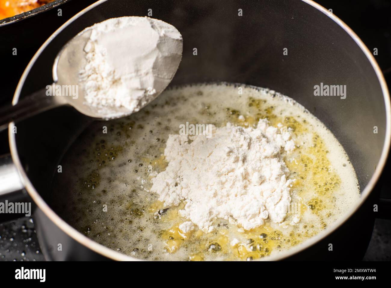 cooking sauce from butter and flour. Add flour to melted butter