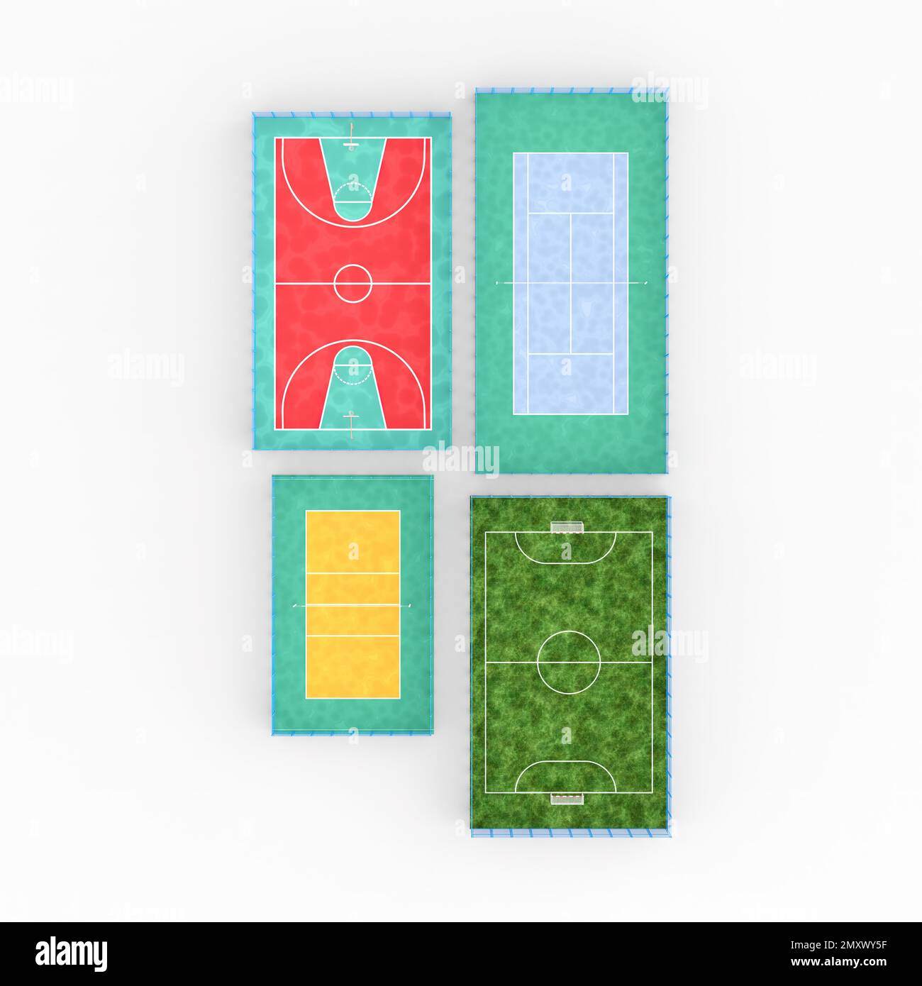 A top view of sports courts and fields for basketball, football, tennis