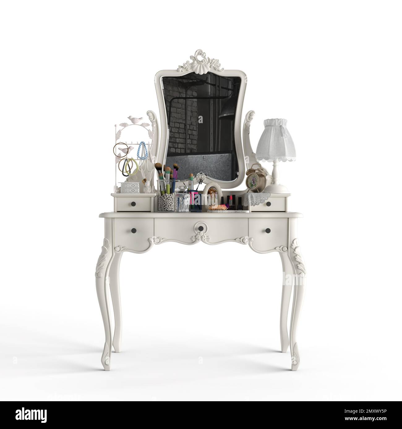 A 3D rendering of a white makeup vanity table with mirror and lamp Stock Photo Alamy