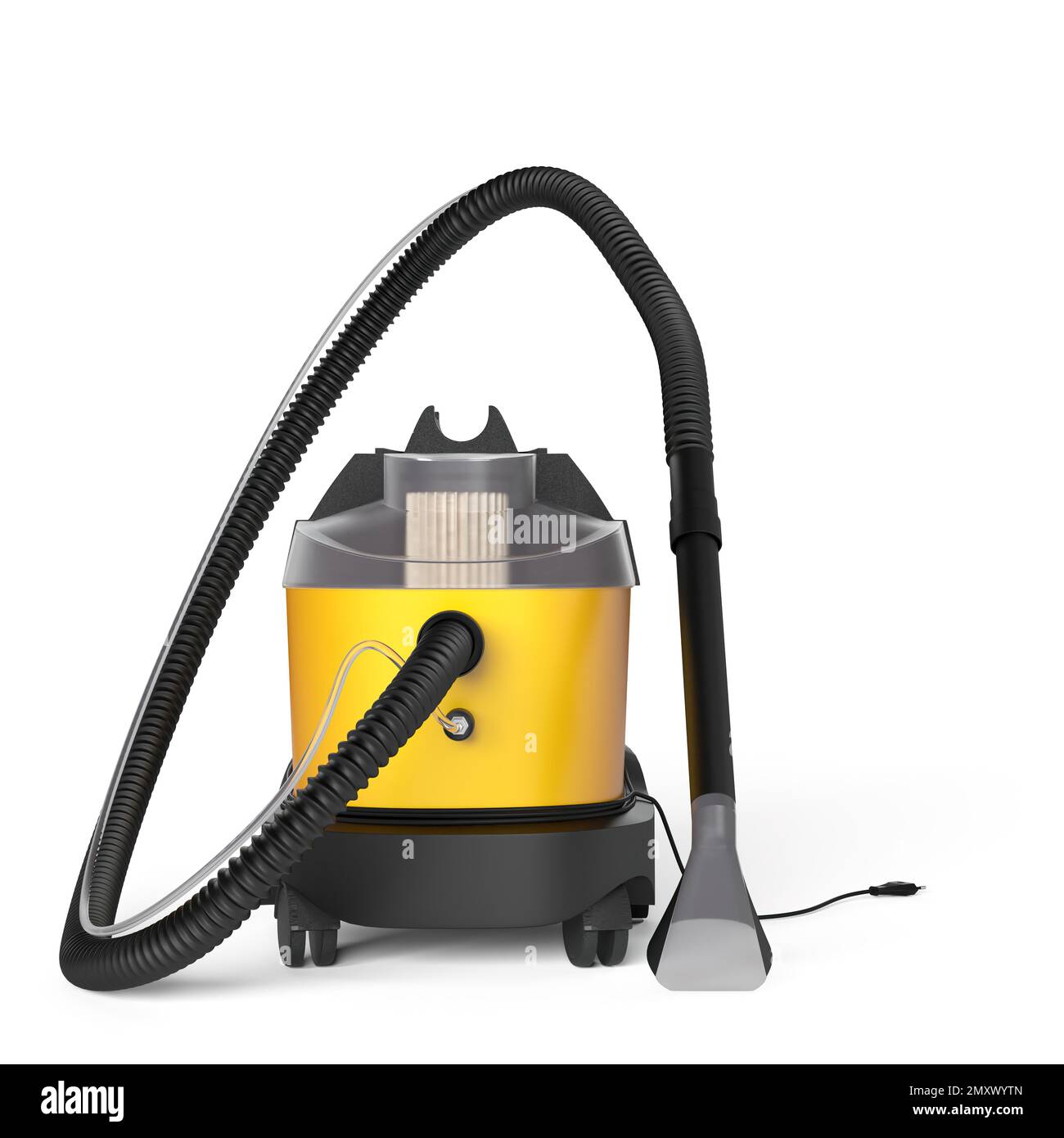 A closeup shot of a vacuum cleaner in yellow and black colors on an isolated background Stock Photo