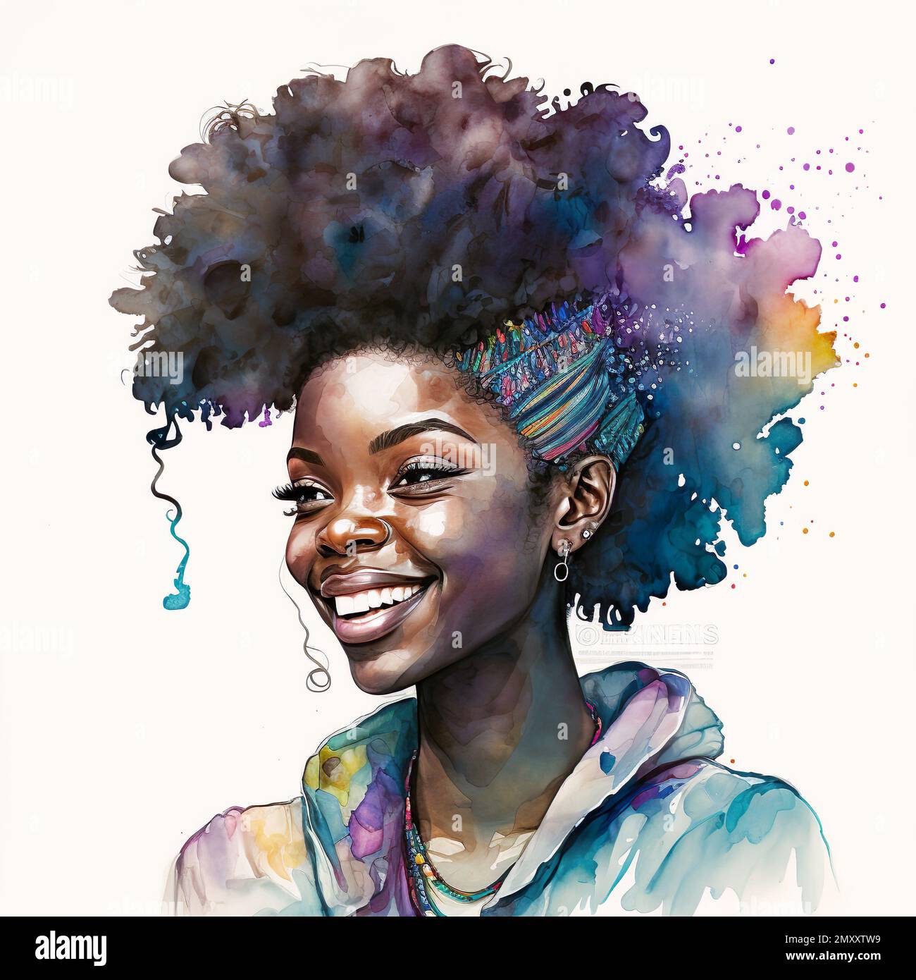 An AI-generated illustration of a smiling black woman with colorful hair in a watercolor style Stock Photo - Alamy An AI-generated illustration of a smiling black woman with colorful hair in a watercolor style Stock Photo - Alamy