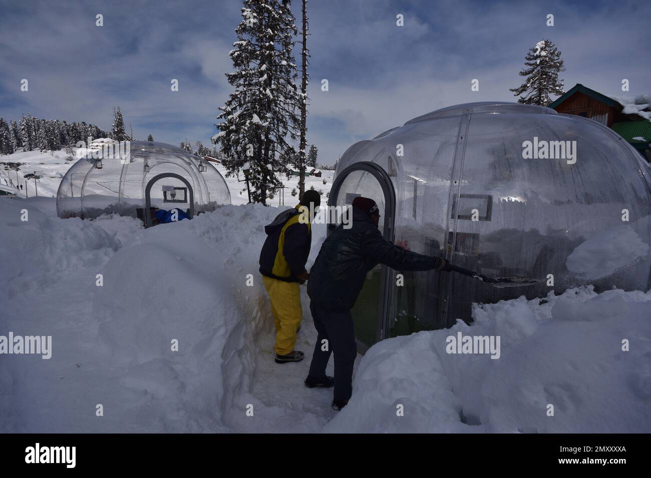 Srinagar, India. 04th Feb, 2023. Overview of glass igloo restaurant in the middle of snow