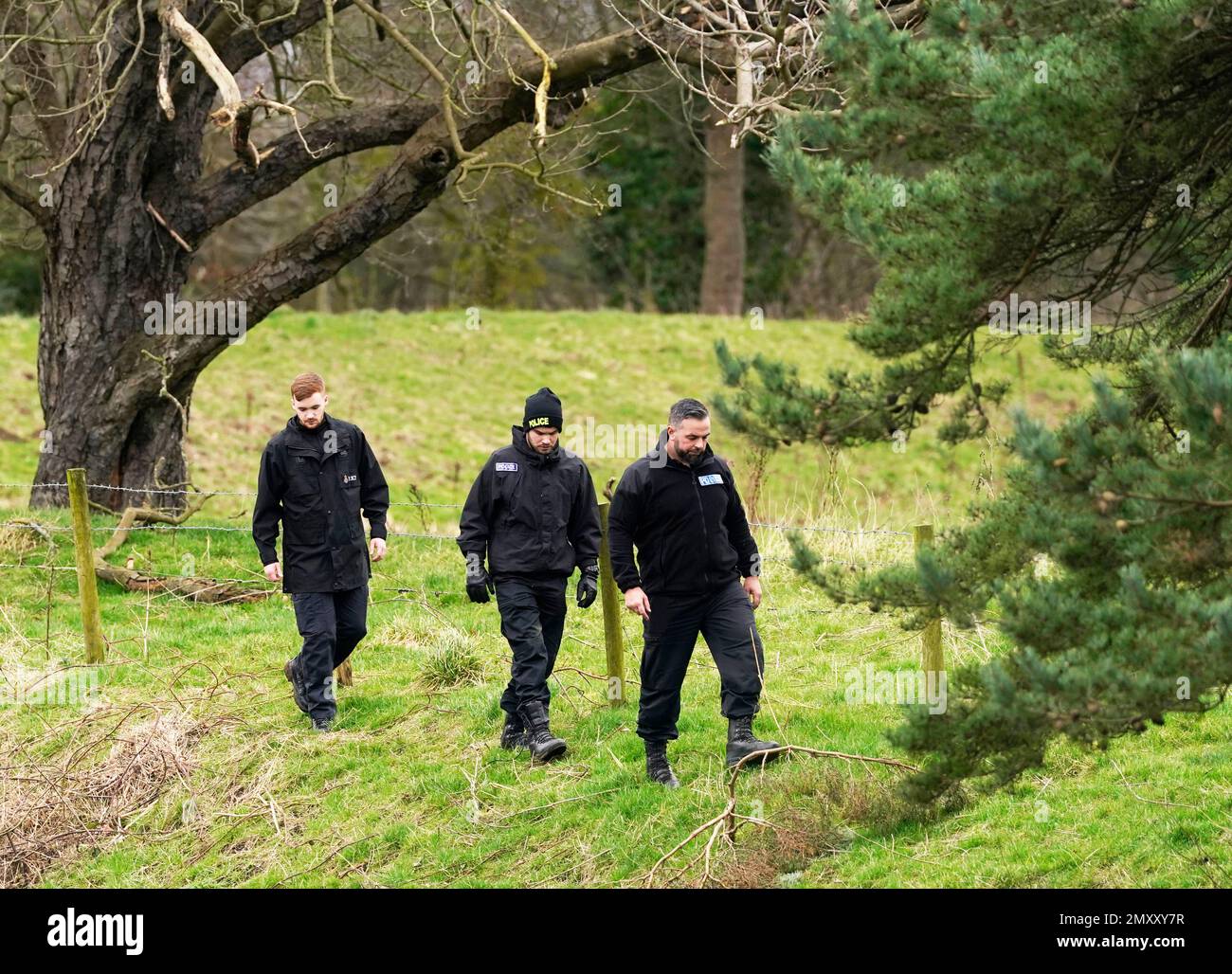 Police search teams in St Michael's on Wyre, Lancashire, as police continue their search for missing woman Nicola Bulley, 45, who was last seen on the morning of Friday January 27, when she was spotted walking her dog on a footpath by the nearby River Wyre. Picture date: Saturday February 4, 2023. Stock Photo