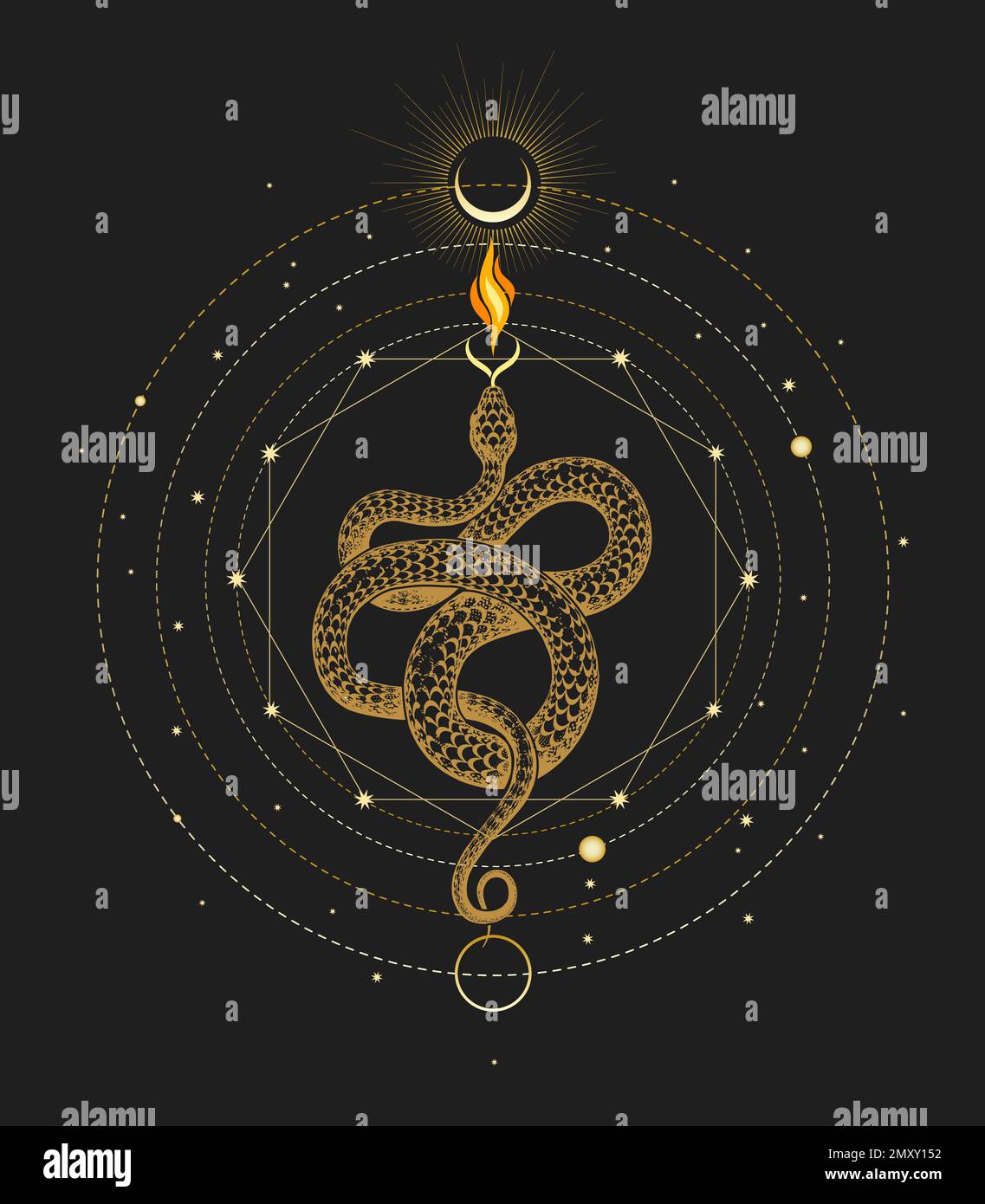 Esoteric Illustration of Snake of Wisdom and Sacred Geometry isolated on black background. Vector illustration. Stock Vector