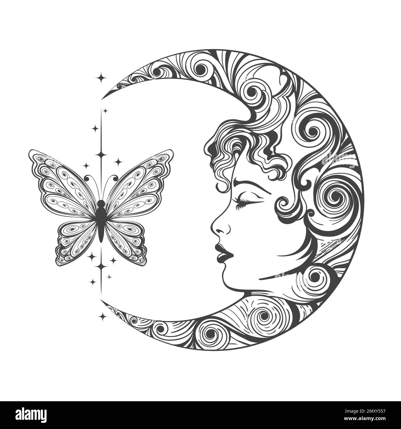 Tattoo of Crescent Moon with Female Face and Butterfly isolated on white. Vector illustration. Stock Vector