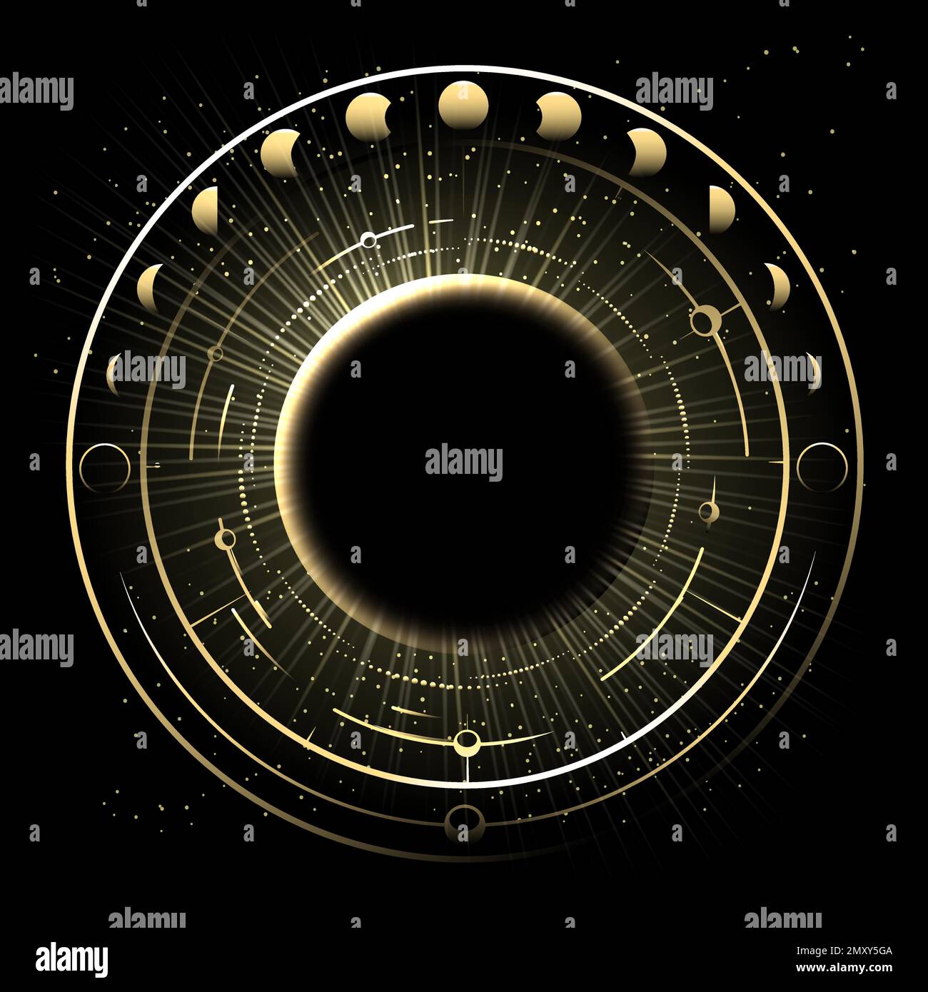 Astrology Illustration of Solar Eclipse and Phases of Moon. Vector