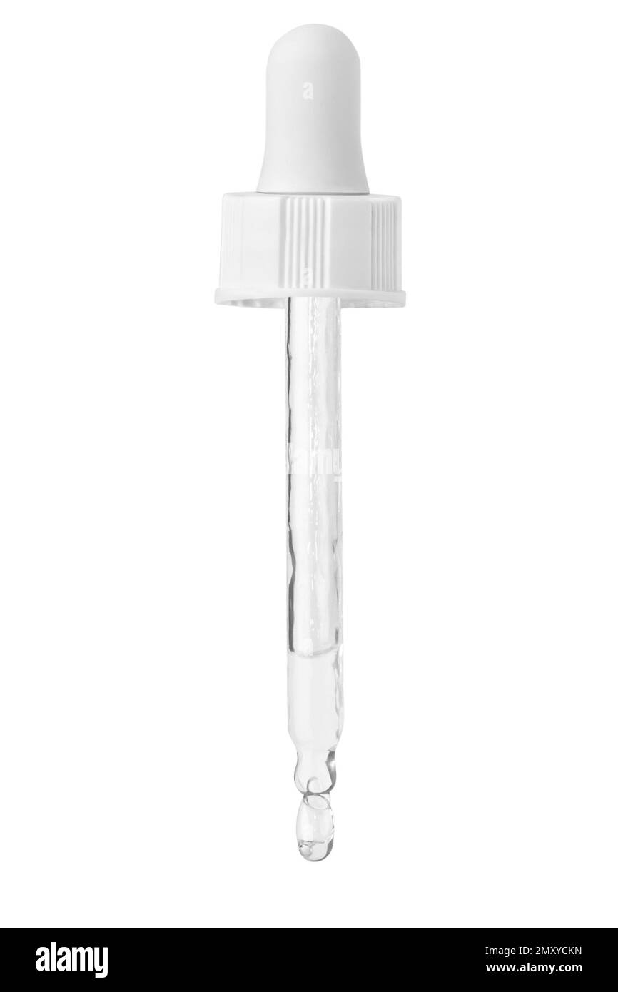 Cosmetic pipette with a white cap at an angle with dripping and flowing
