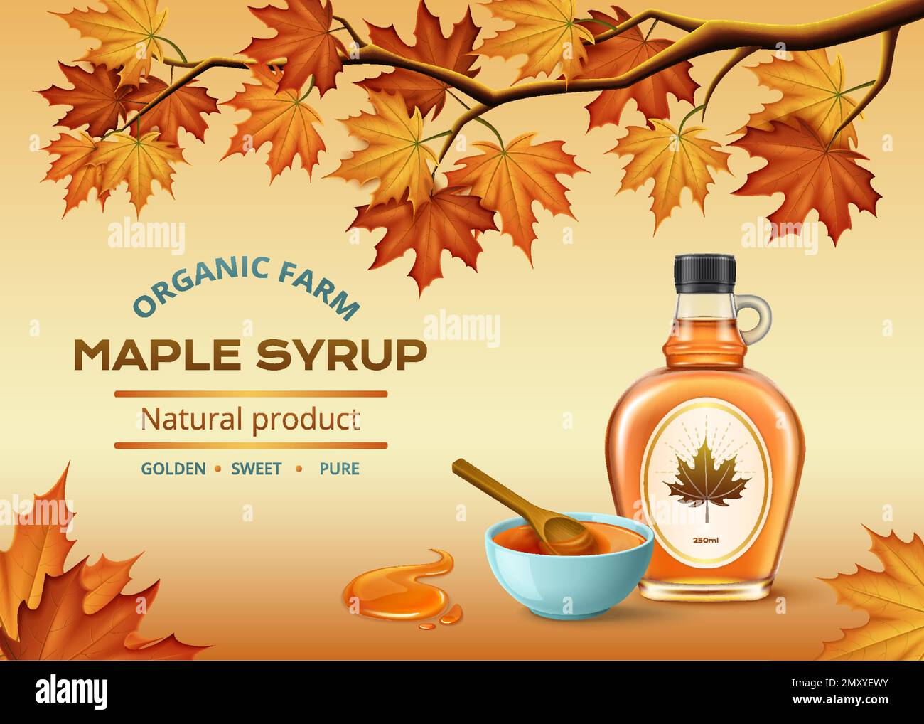 Realistic advertising composition with organic maple syrup bottle on