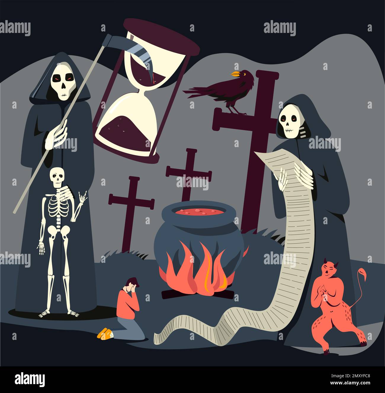 Grim reaper character with hourglass and scythe on abandoned cemetery ...