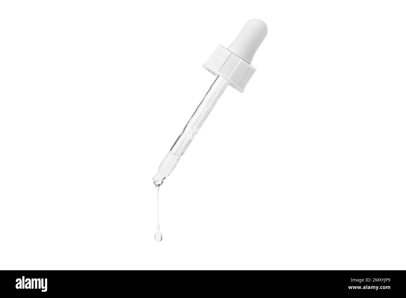 Cosmetic pipette with a white cap at an angle with dripping and flowing liquid. Hyaluronic acid. Serum for the face. Moisturizing. Stock Photo