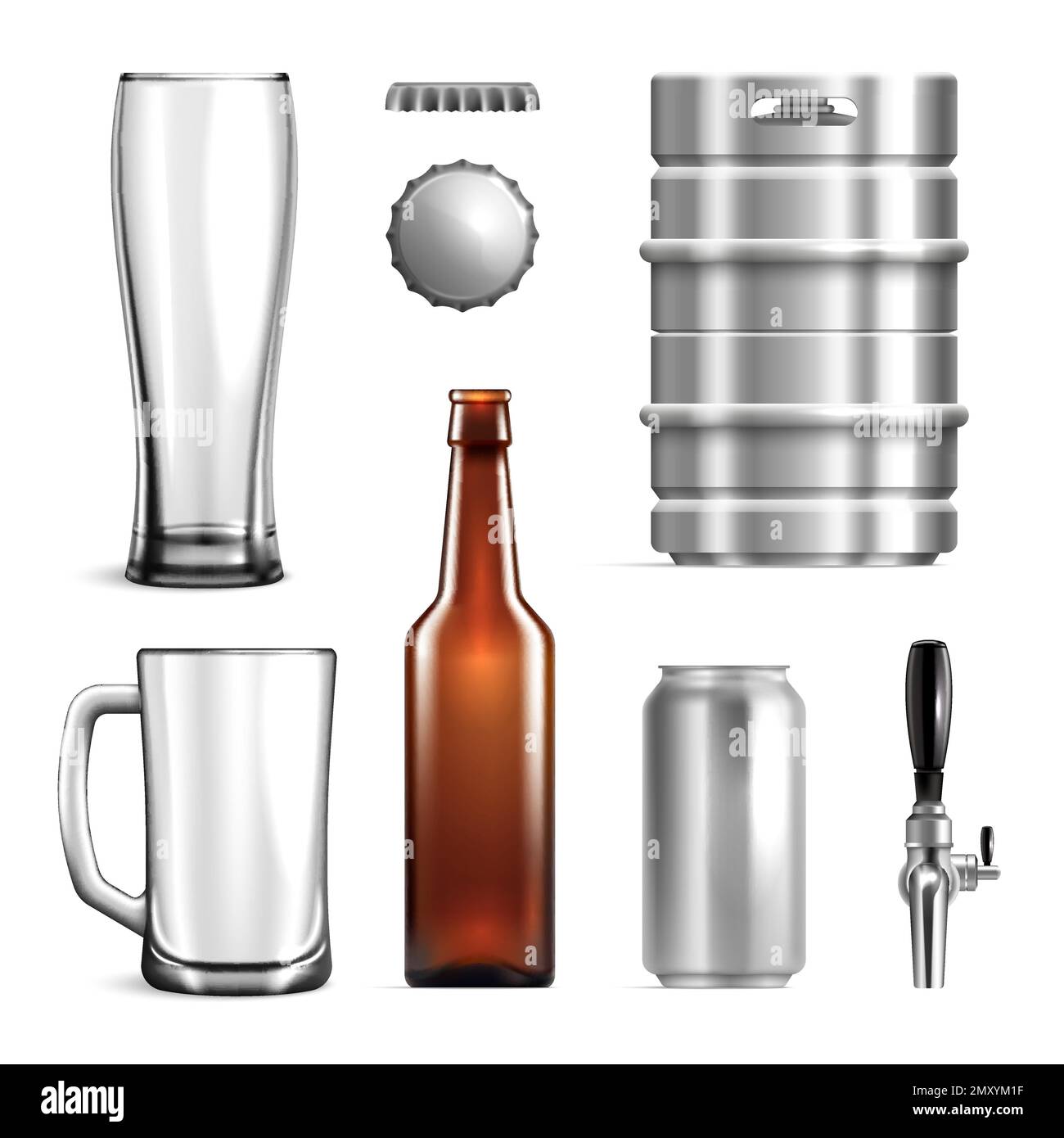 Realistic beer mockup icon set glasses mugs iron barrels bottles and