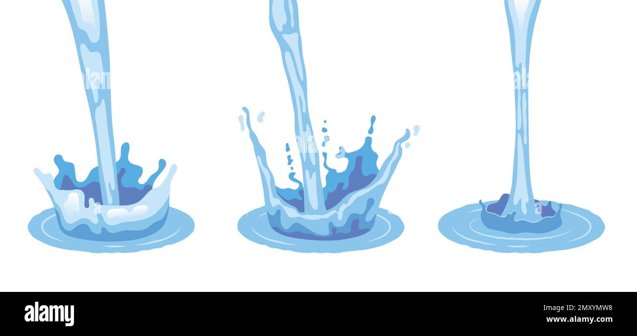 Three isolated light blue realistic pouring water splashes flat colored ...