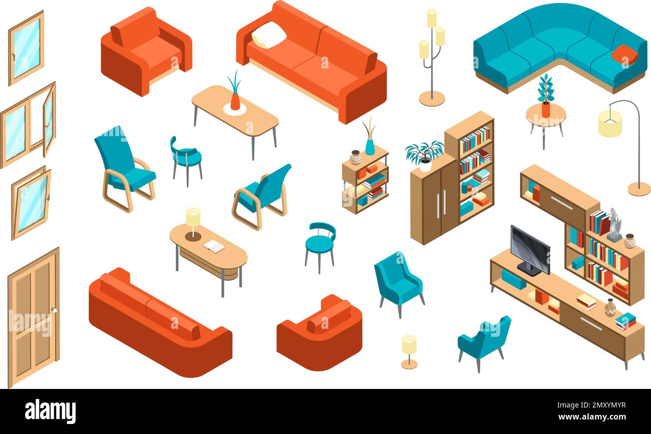 Isometric home furniture interior set with isolated icons of windows ...