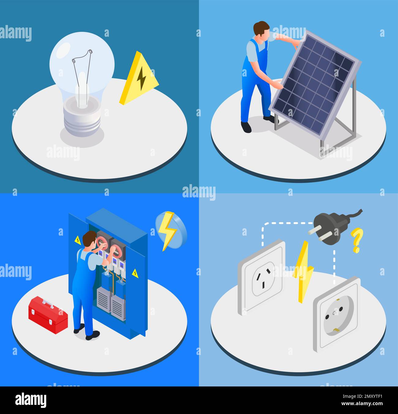 Electrician isometric 2x2 design concept set of four square compositions with professional workers and equipment items vector illustration Stock Vector