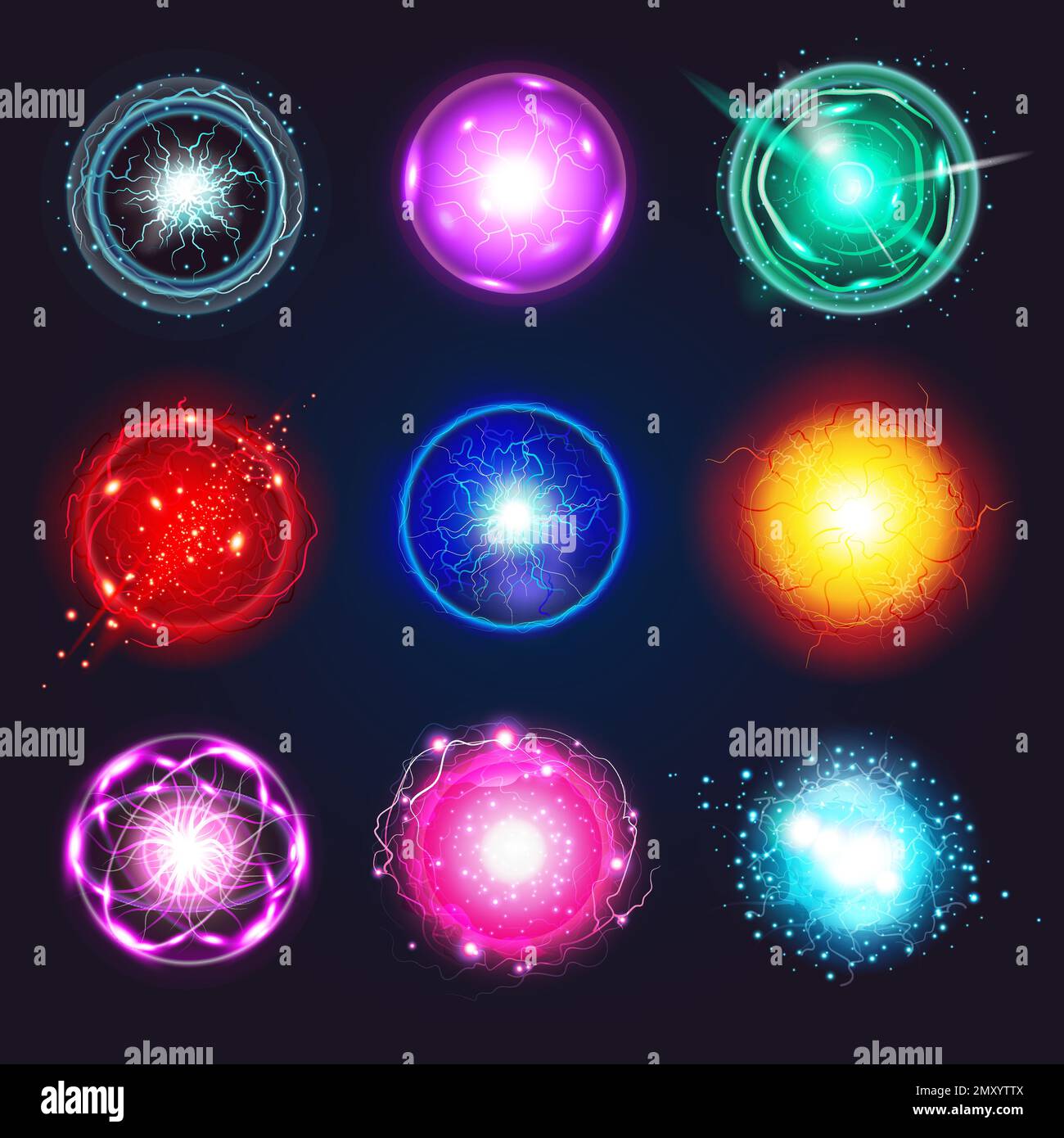 Realistic electric energy plasma sphere set of isolated round icons with colorful bolts sparkles and orbits vector illustration Stock Vector