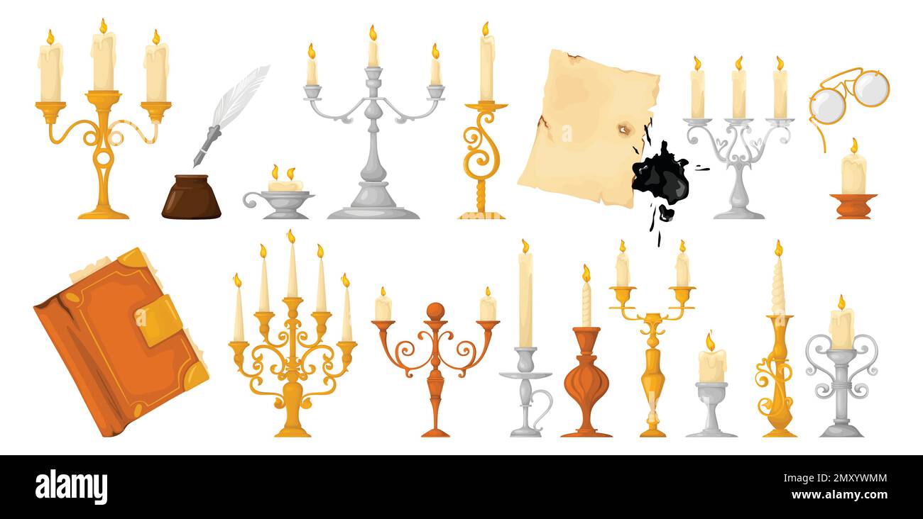 Retro candle holders old set with isolated icons of candles on ornate stands with vintage items vector illustration Stock Vector