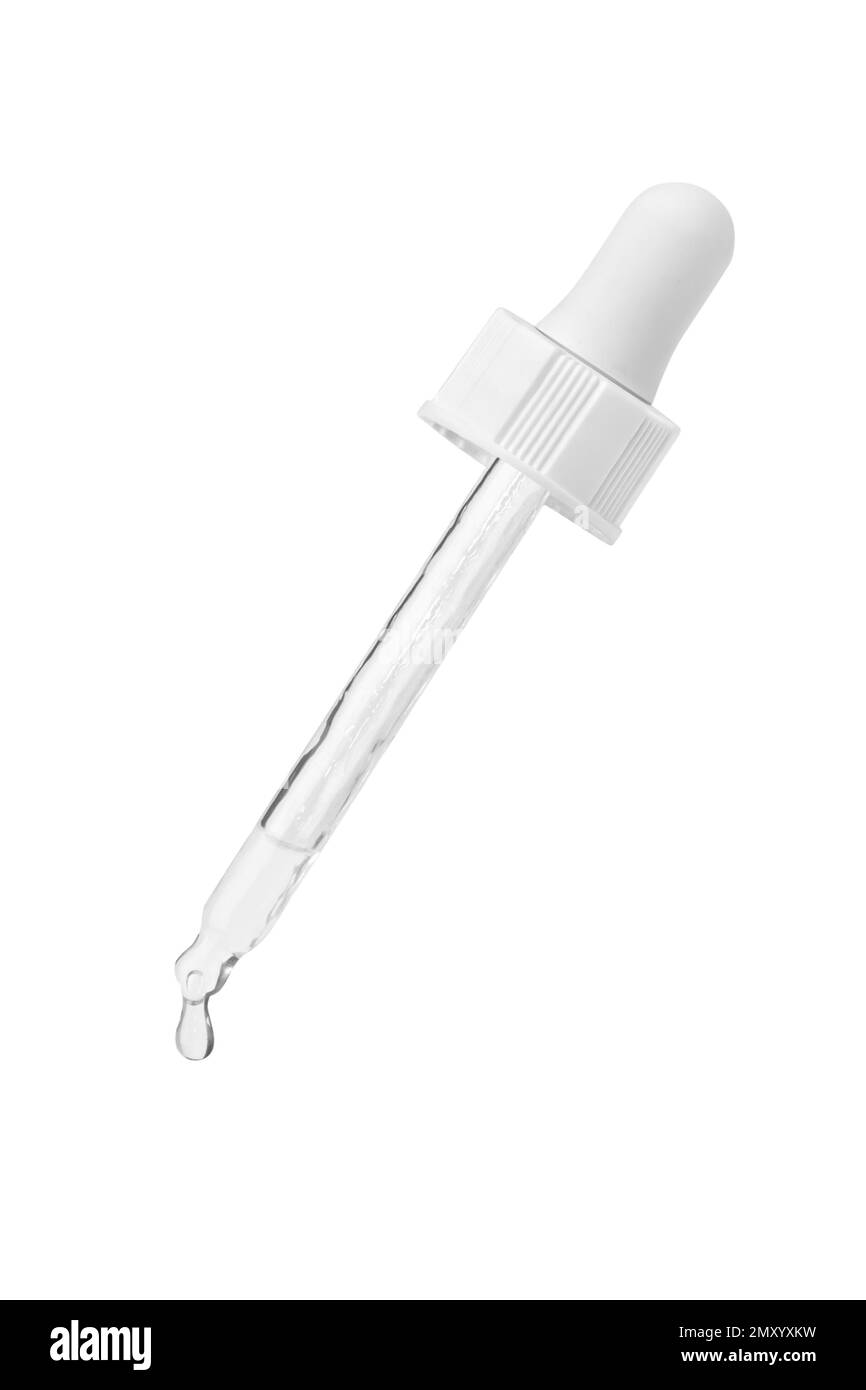 Cosmetic pipette with a white cap at an angle with dripping and flowing