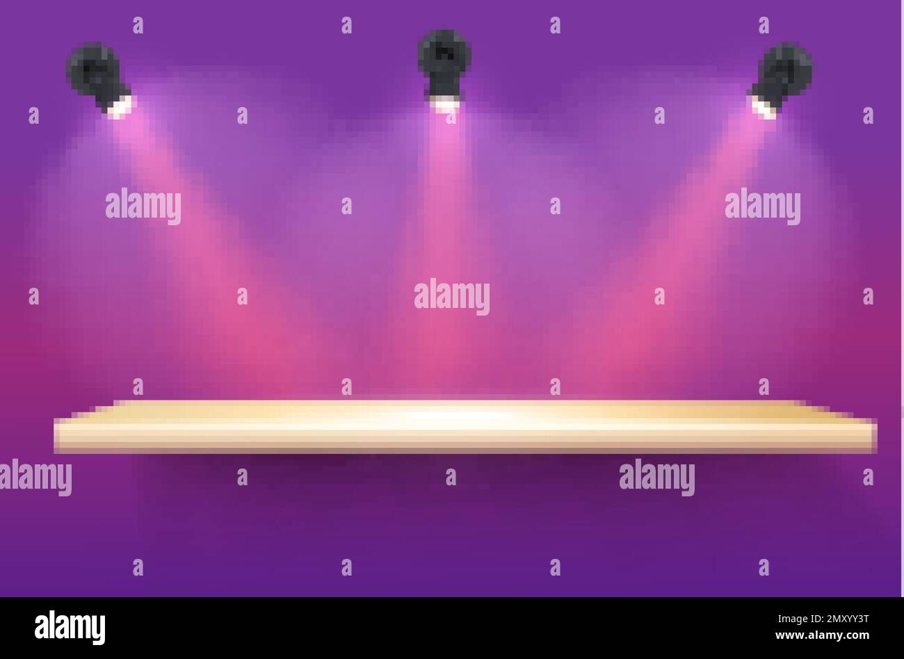 Empty shelf on purple wall illuminated by three spotlights realistic vector illustration Stock Vector