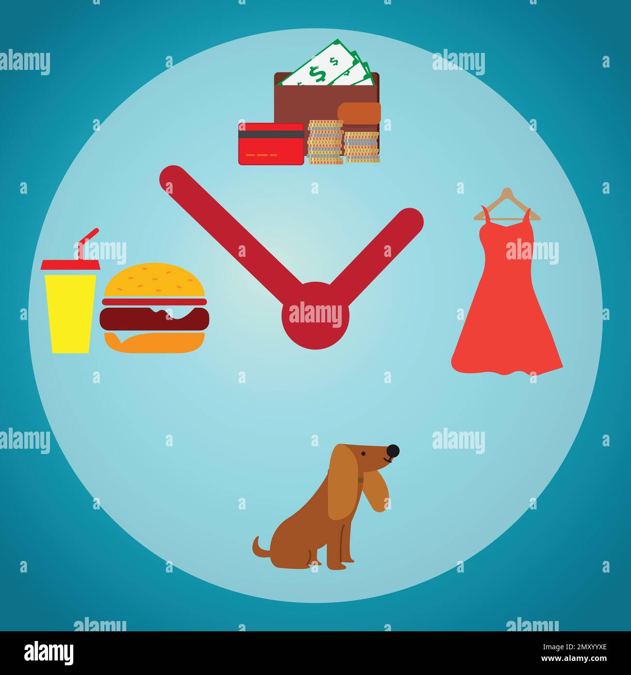 Clock face with a dog, a dress, a hamburger and drink and money Stock Vector