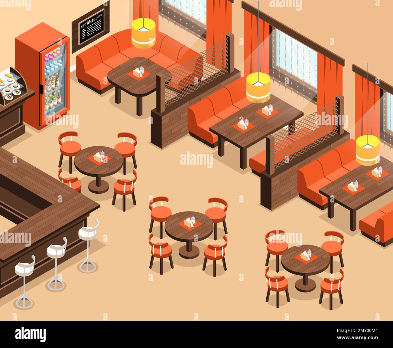 Empty restaurant interior with differnt tables and bar counter isometric vector illustration Stock Vector