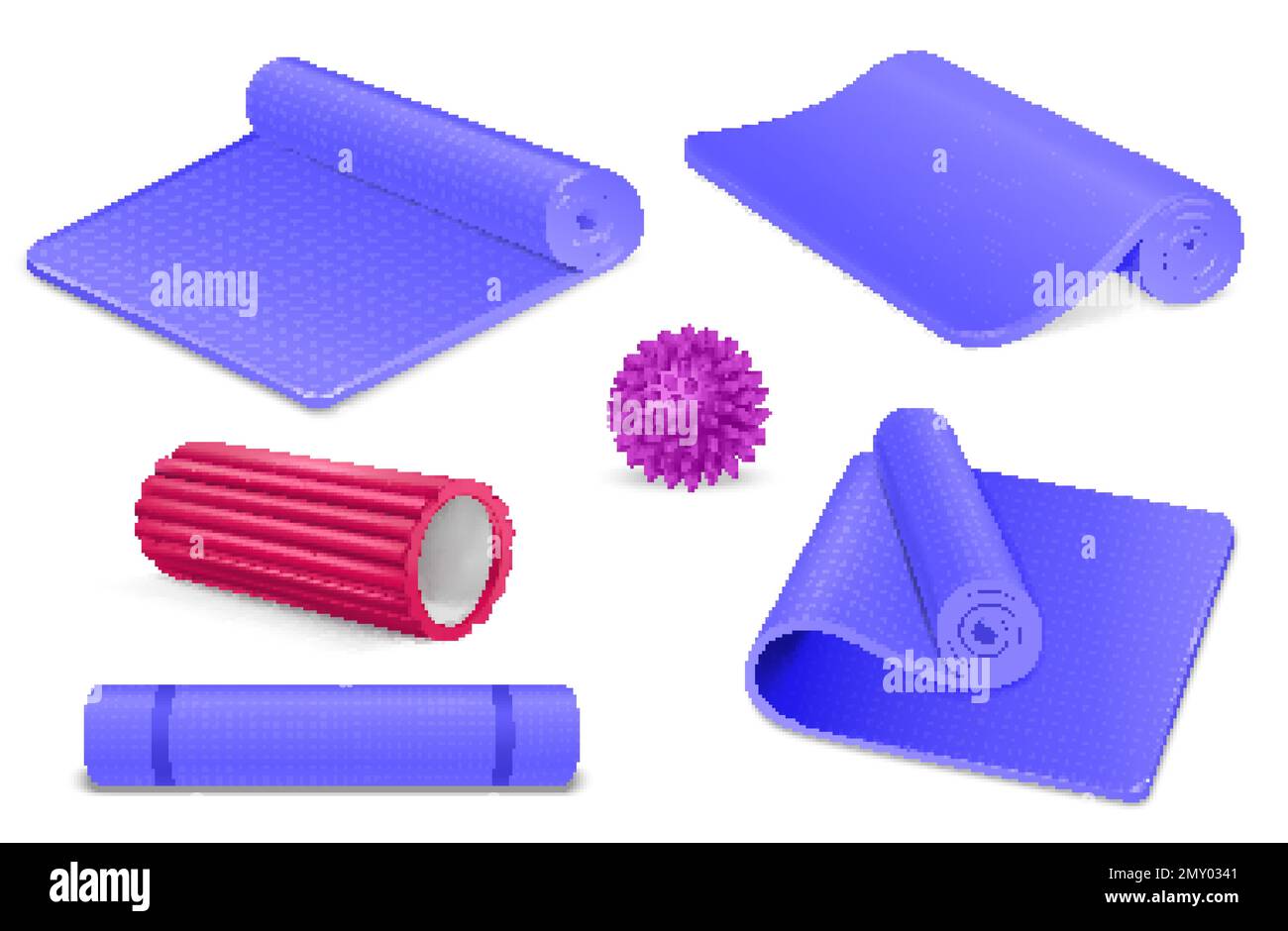 Realistic yoga and myofascial massage icons set with rug mat and foam